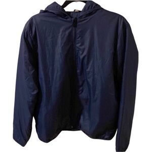 Stanley/Stella Mens lined hooded wind breaker. Navy blue. Full-zip/pockets. Sz M